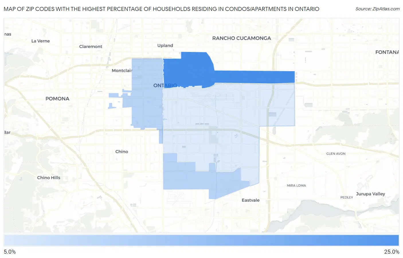 Zip Codes with the Highest Percentage of Households Residing in Condos/Apartments in Ontario Map