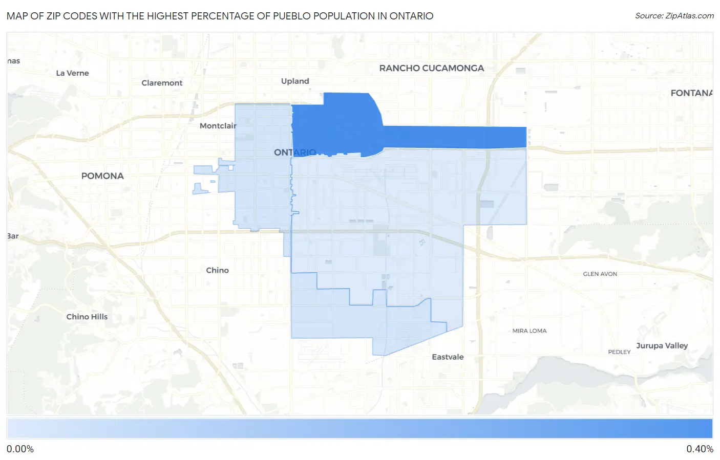 Zip Codes with the Highest Percentage of Pueblo Population in Ontario Map