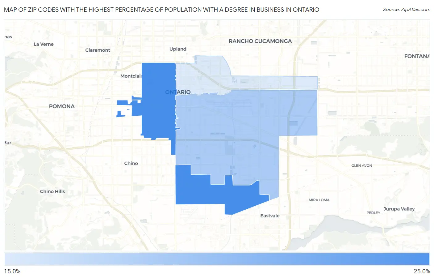 Zip Codes with the Highest Percentage of Population with a Degree in Business in Ontario Map
