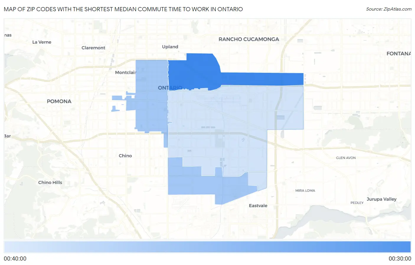 Zip Codes with the Shortest Median Commute Time to Work in Ontario Map