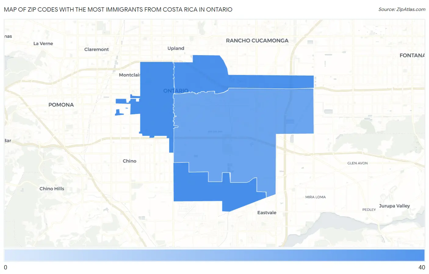 Zip Codes with the Most Immigrants from Costa Rica in Ontario Map