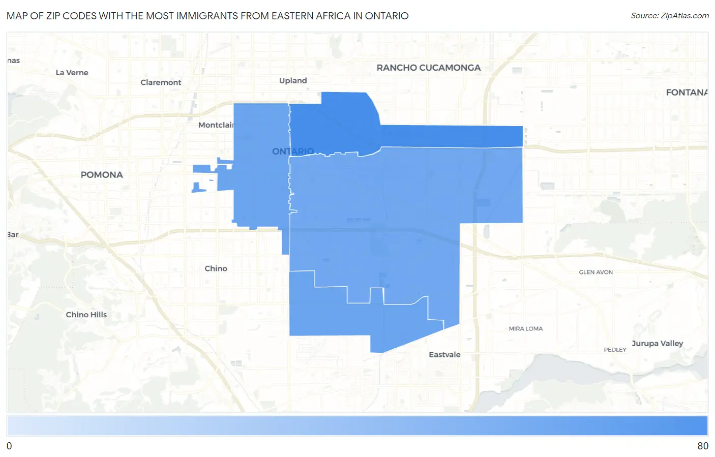 Zip Codes with the Most Immigrants from Eastern Africa in Ontario Map