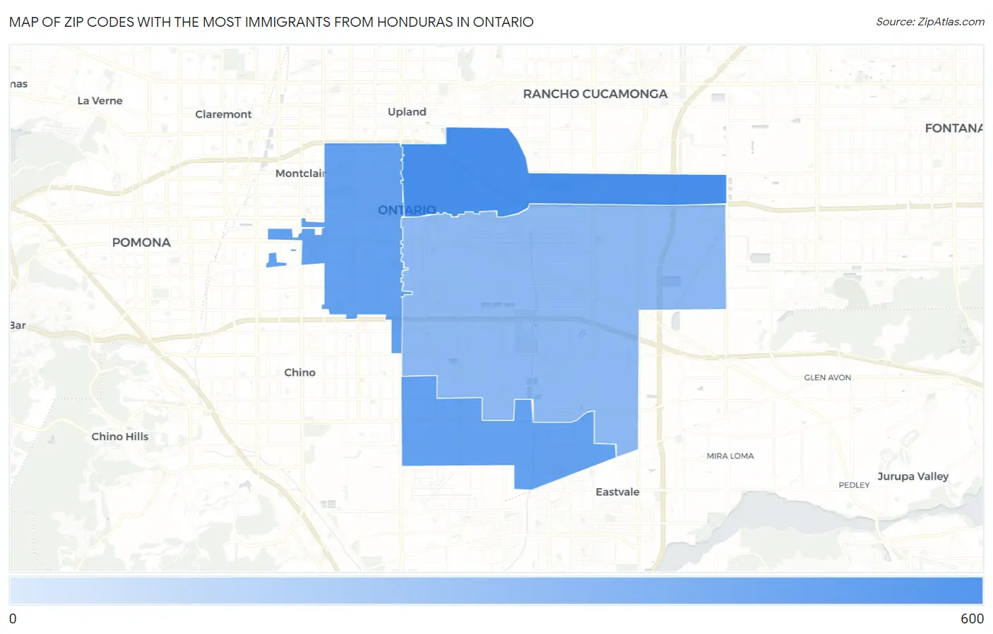Zip Codes with the Most Immigrants from Honduras in Ontario Map