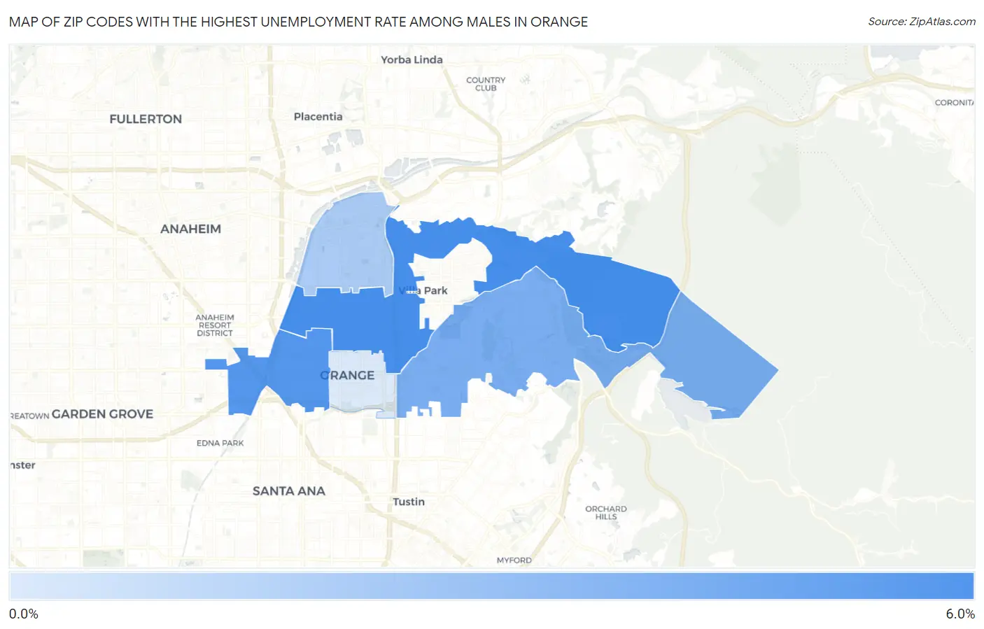 Zip Codes with the Highest Unemployment Rate Among Males in Orange Map