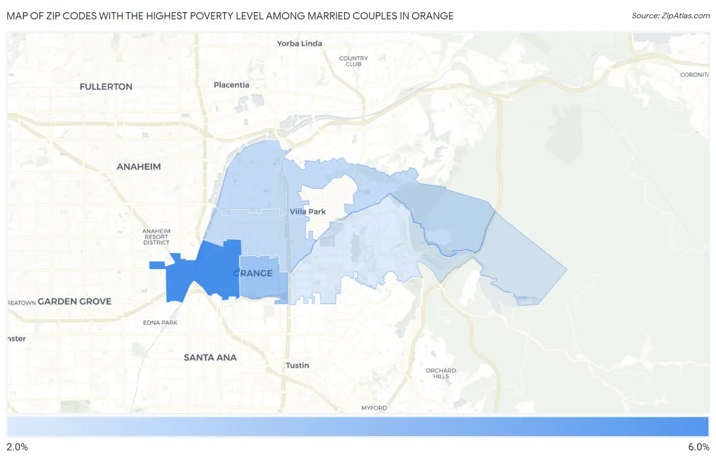 Zip Codes with the Highest Poverty Level Among Married Couples in Orange Map