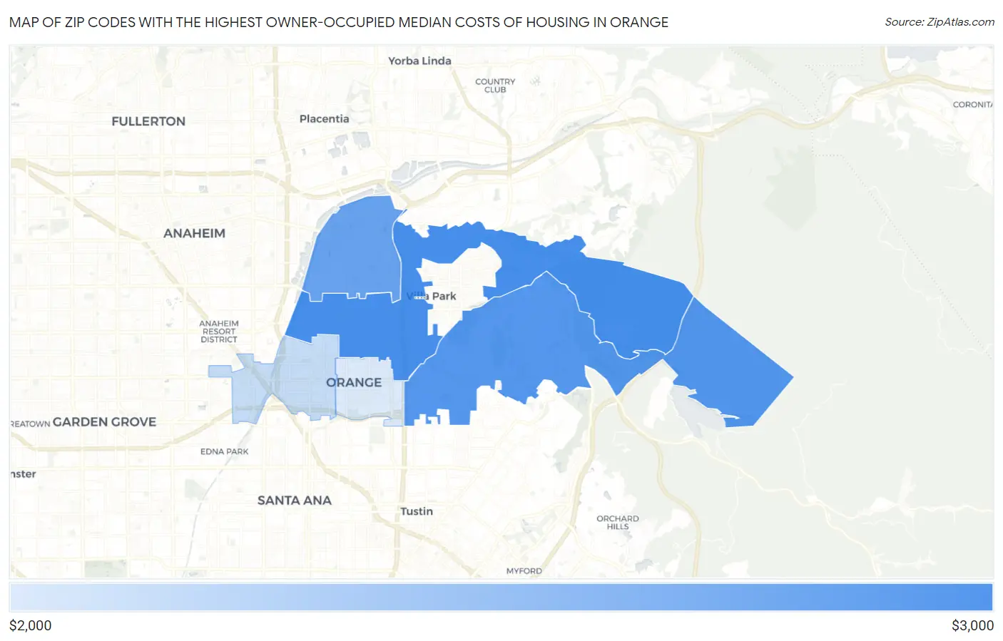 Zip Codes with the Highest Owner-Occupied Median Costs of Housing in Orange Map