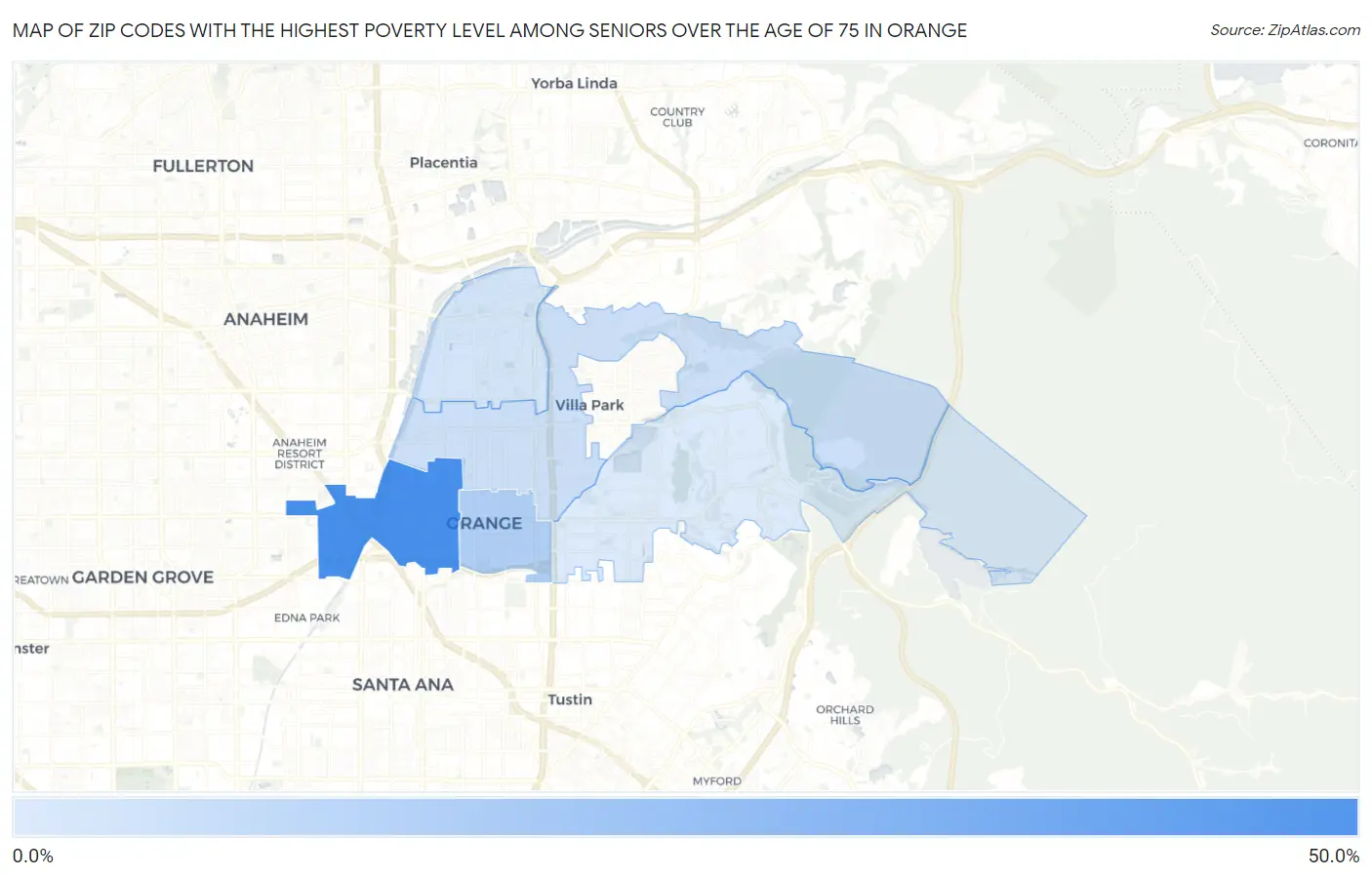 Zip Codes with the Highest Poverty Level Among Seniors Over the Age of 75 in Orange Map
