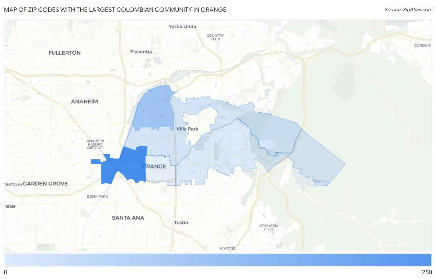 Zip Codes with the Largest Colombian Community in Orange Map