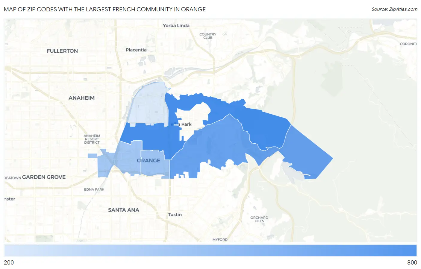 Zip Codes with the Largest French Community in Orange Map