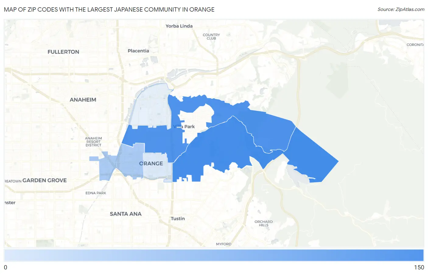 Zip Codes with the Largest Japanese Community in Orange Map