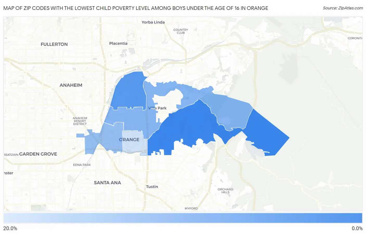 Zip Codes with the Lowest Child Poverty Level Among Boys Under the Age of 16 in Orange Map