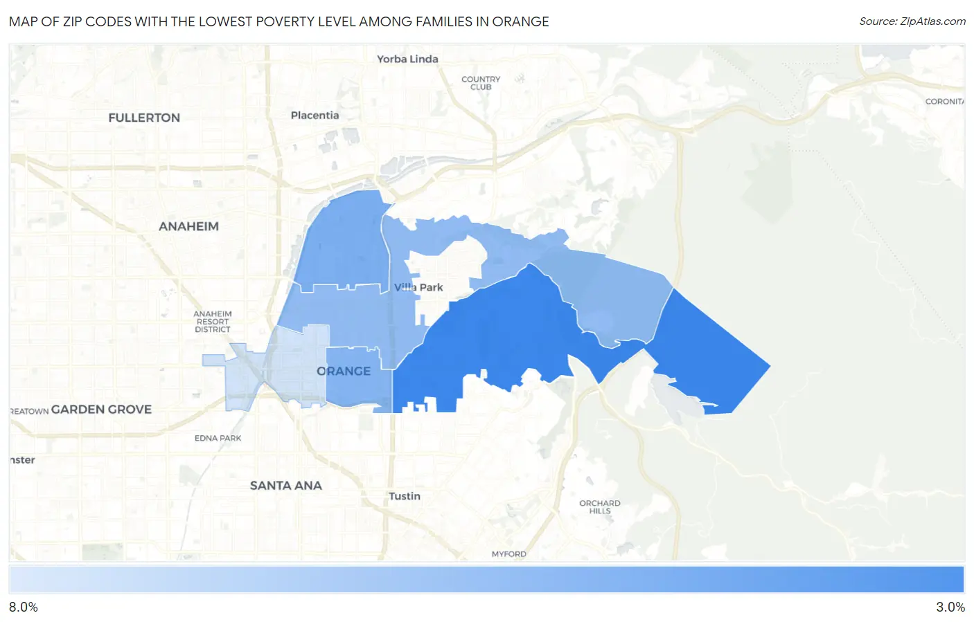 Zip Codes with the Lowest Poverty Level Among Families in Orange Map