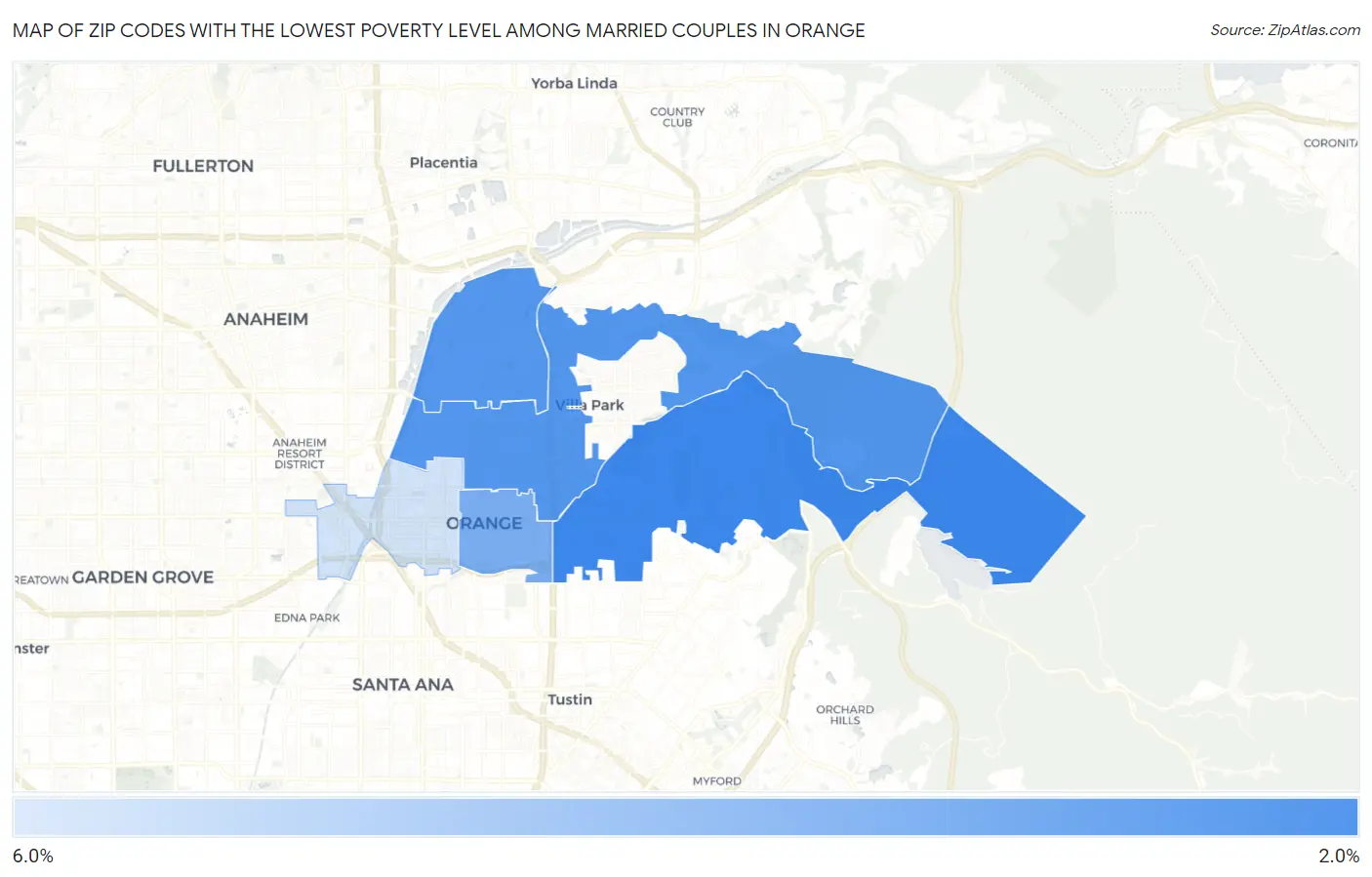 Zip Codes with the Lowest Poverty Level Among Married Couples in Orange Map