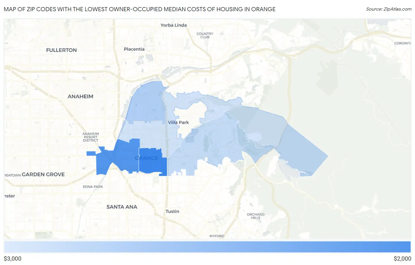 Zip Codes with the Lowest Owner-Occupied Median Costs of Housing in Orange Map