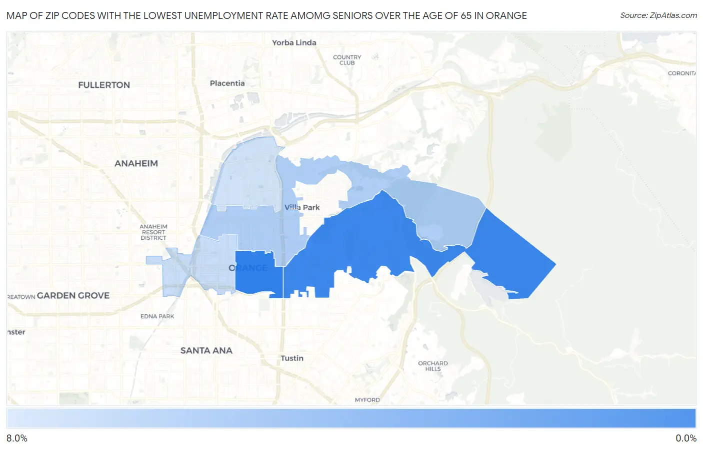 Zip Codes with the Lowest Unemployment Rate Amomg Seniors Over the Age of 65 in Orange Map