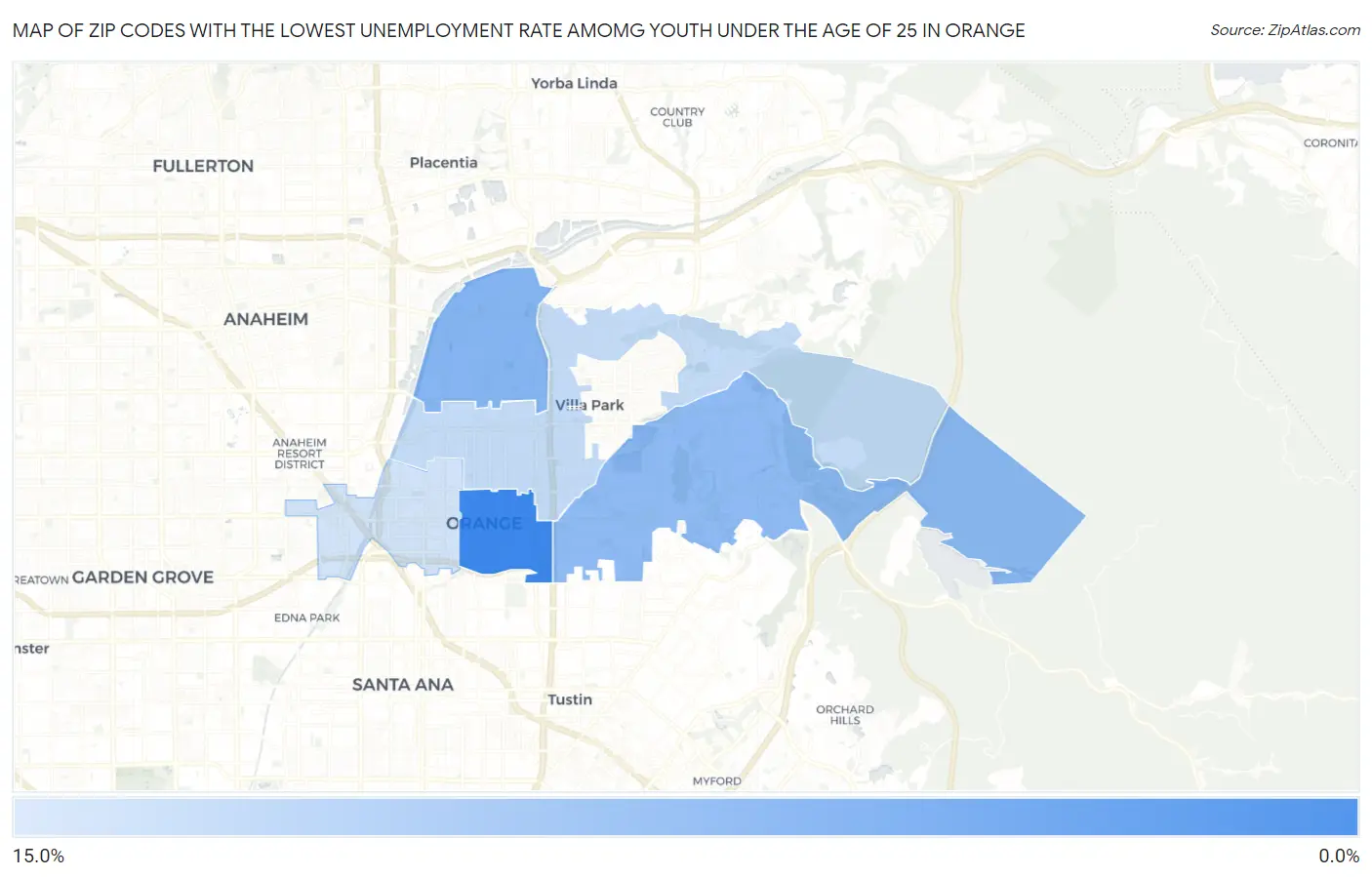 Zip Codes with the Lowest Unemployment Rate Amomg Youth Under the Age of 25 in Orange Map