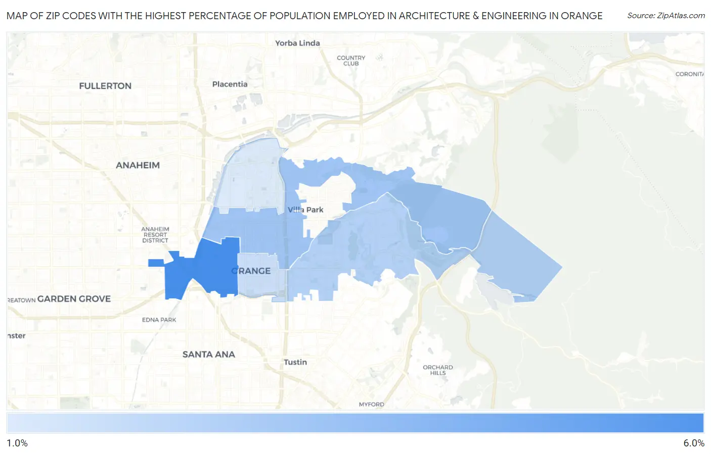 Zip Codes with the Highest Percentage of Population Employed in Architecture & Engineering in Orange Map