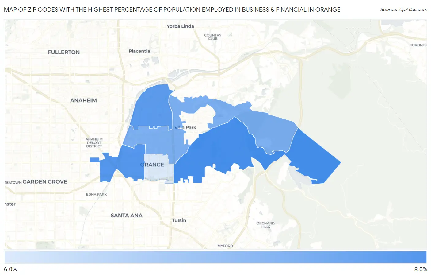 Zip Codes with the Highest Percentage of Population Employed in Business & Financial in Orange Map