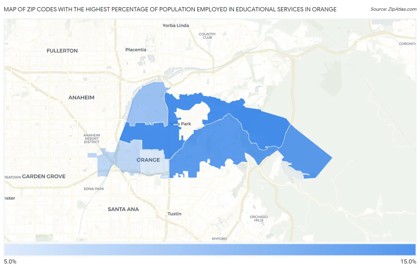 Zip Codes with the Highest Percentage of Population Employed in Educational Services in Orange Map