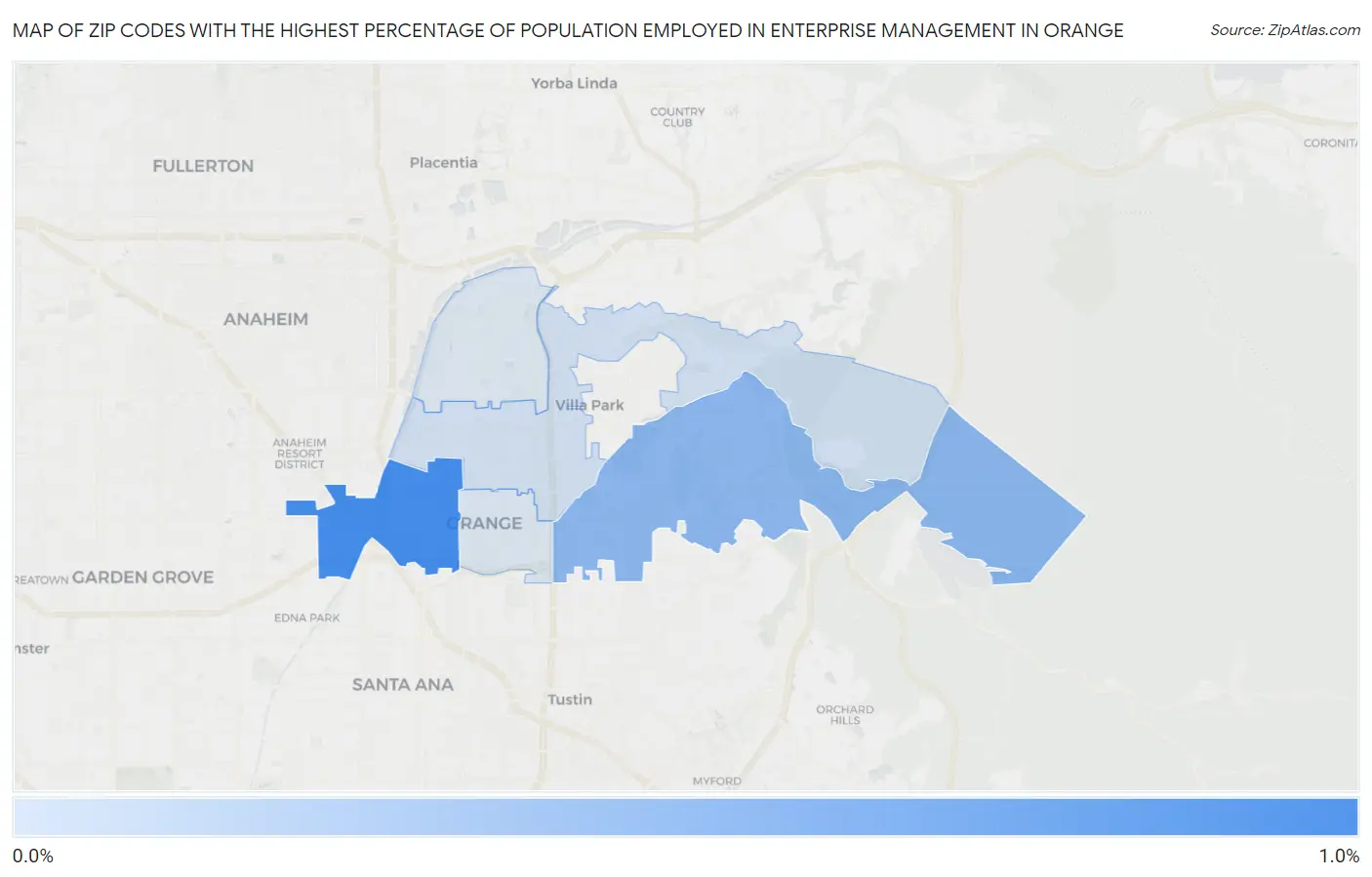 Zip Codes with the Highest Percentage of Population Employed in Enterprise Management in Orange Map