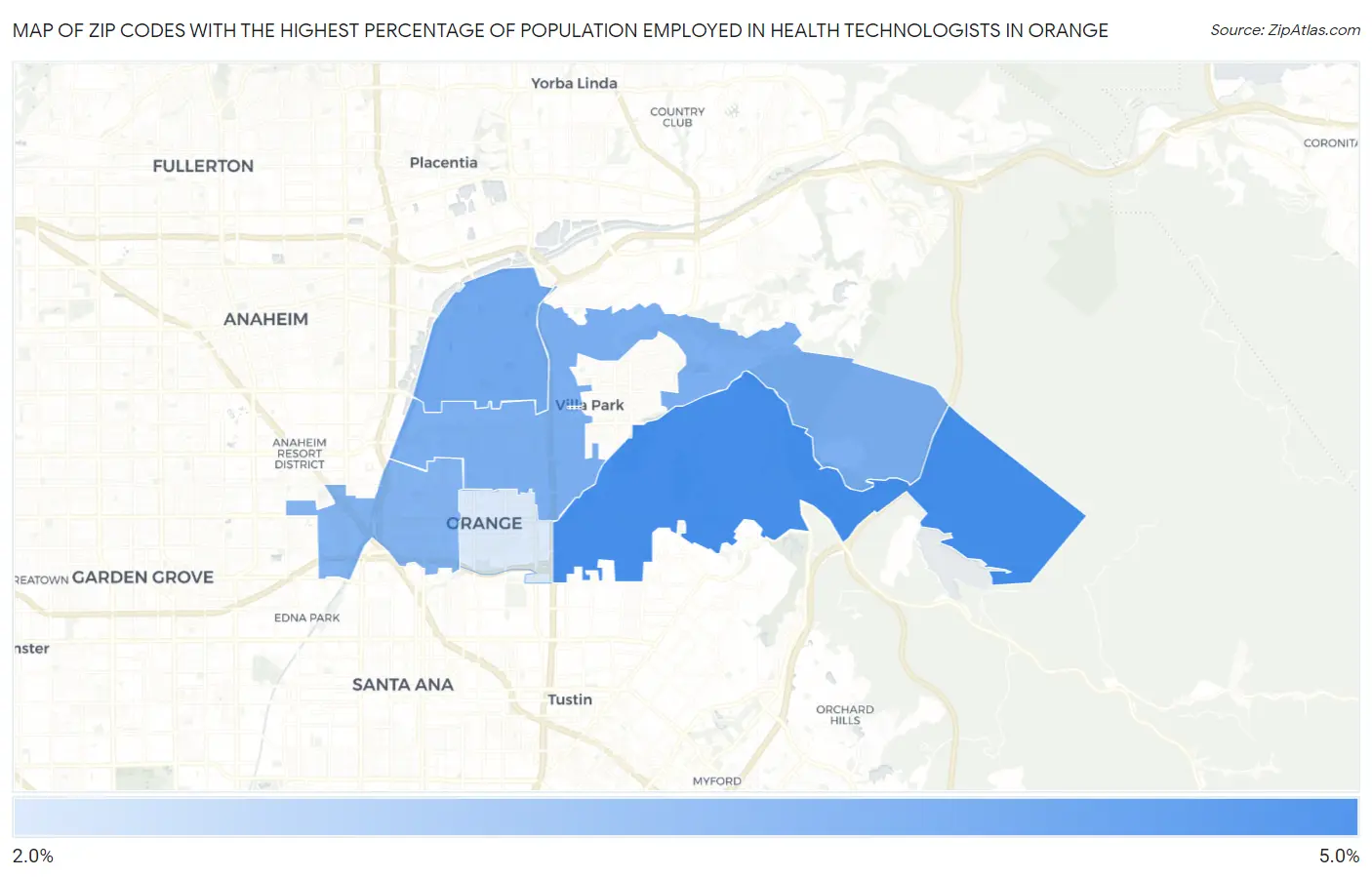 Zip Codes with the Highest Percentage of Population Employed in Health Technologists in Orange Map