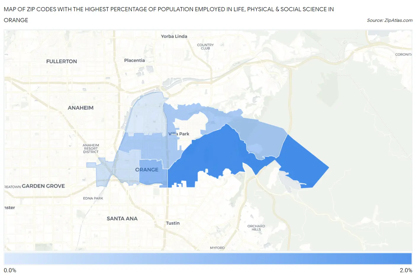 Zip Codes with the Highest Percentage of Population Employed in Life, Physical & Social Science in Orange Map