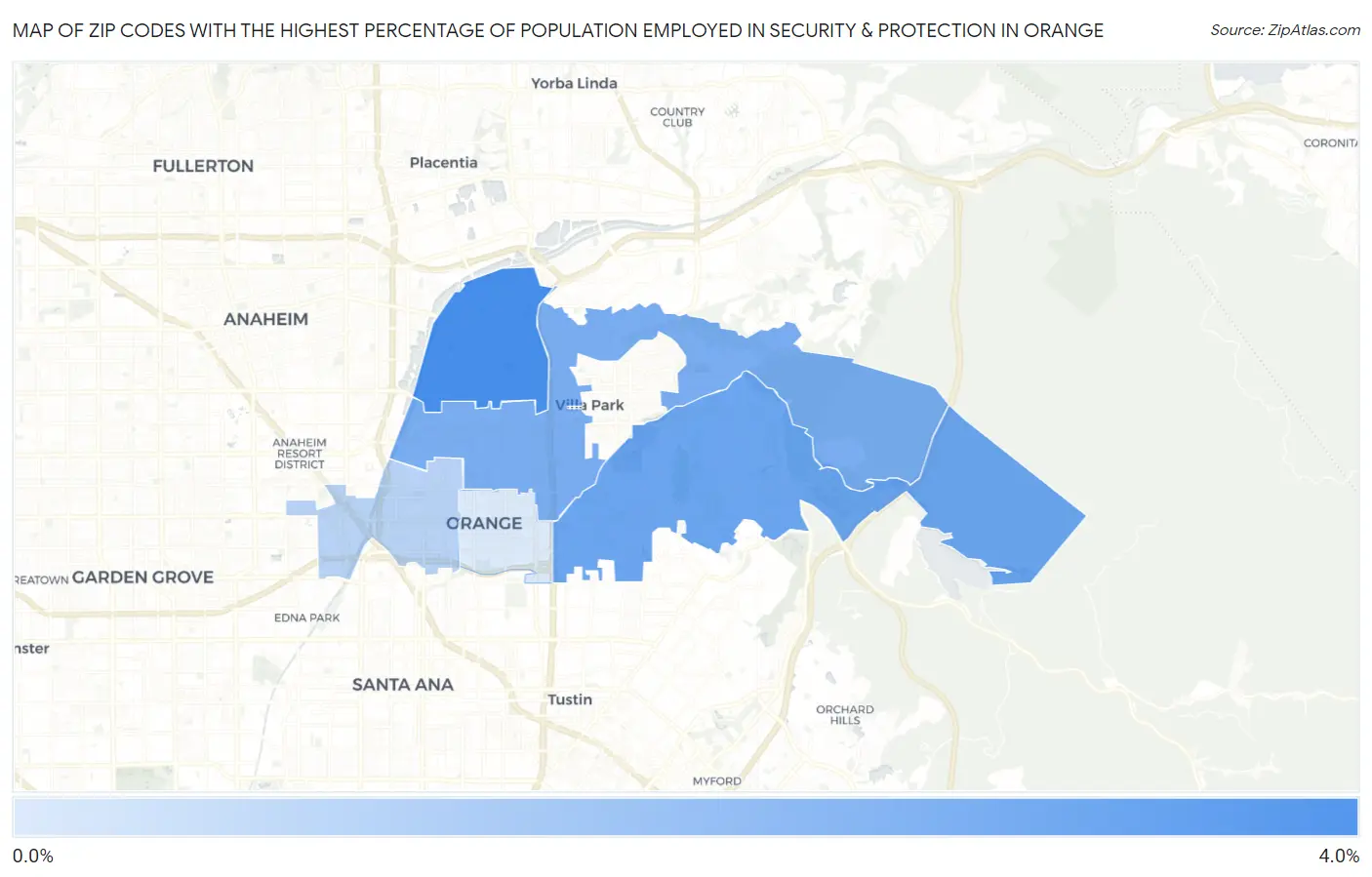 Zip Codes with the Highest Percentage of Population Employed in Security & Protection in Orange Map