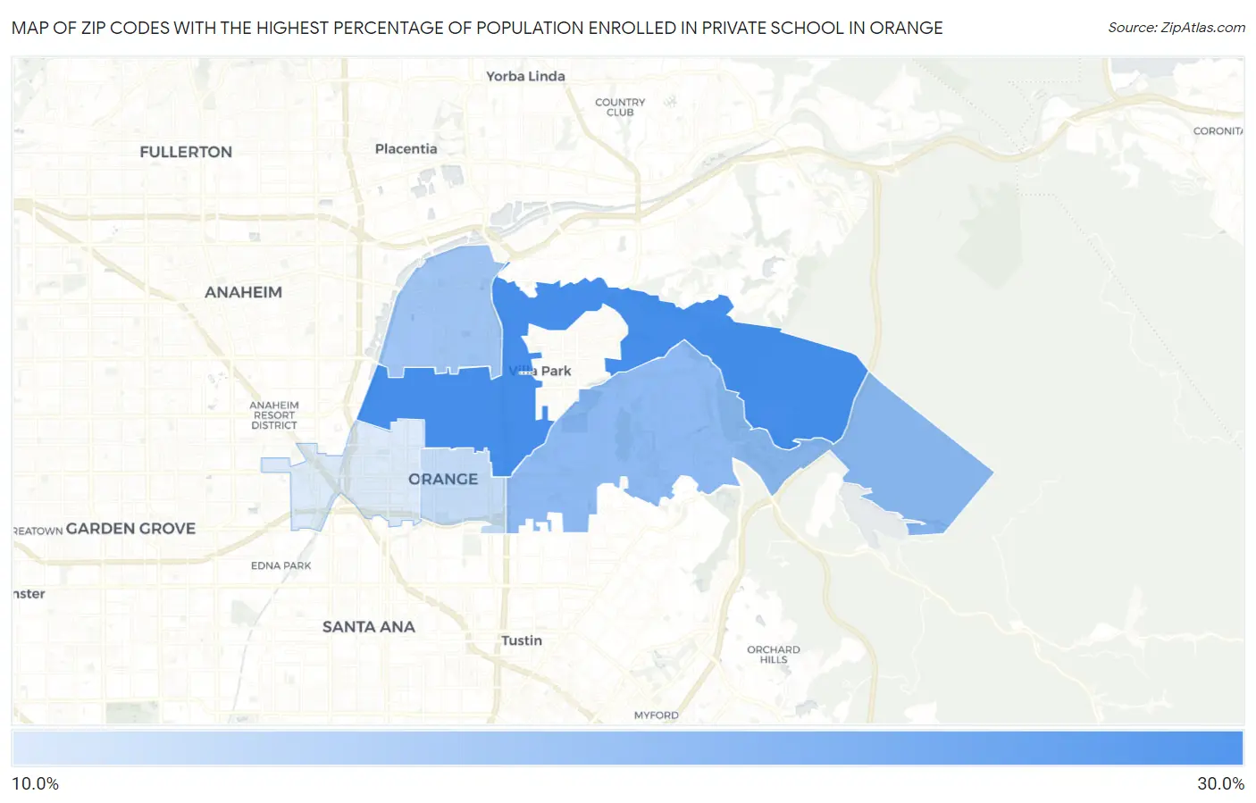 Zip Codes with the Highest Percentage of Population Enrolled in Private School in Orange Map