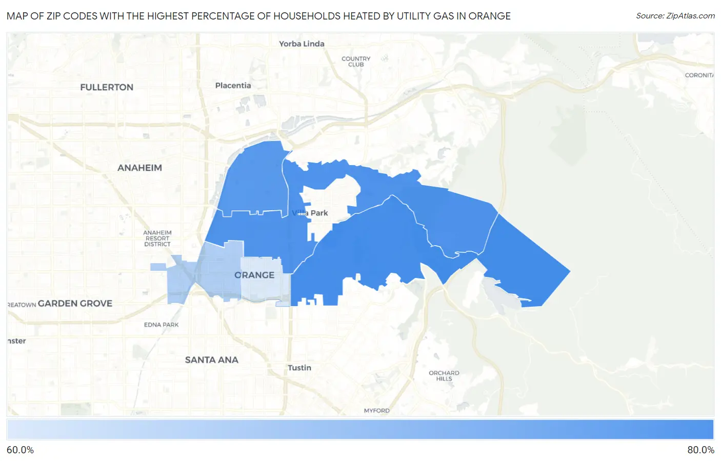 Zip Codes with the Highest Percentage of Households Heated by Utility Gas in Orange Map