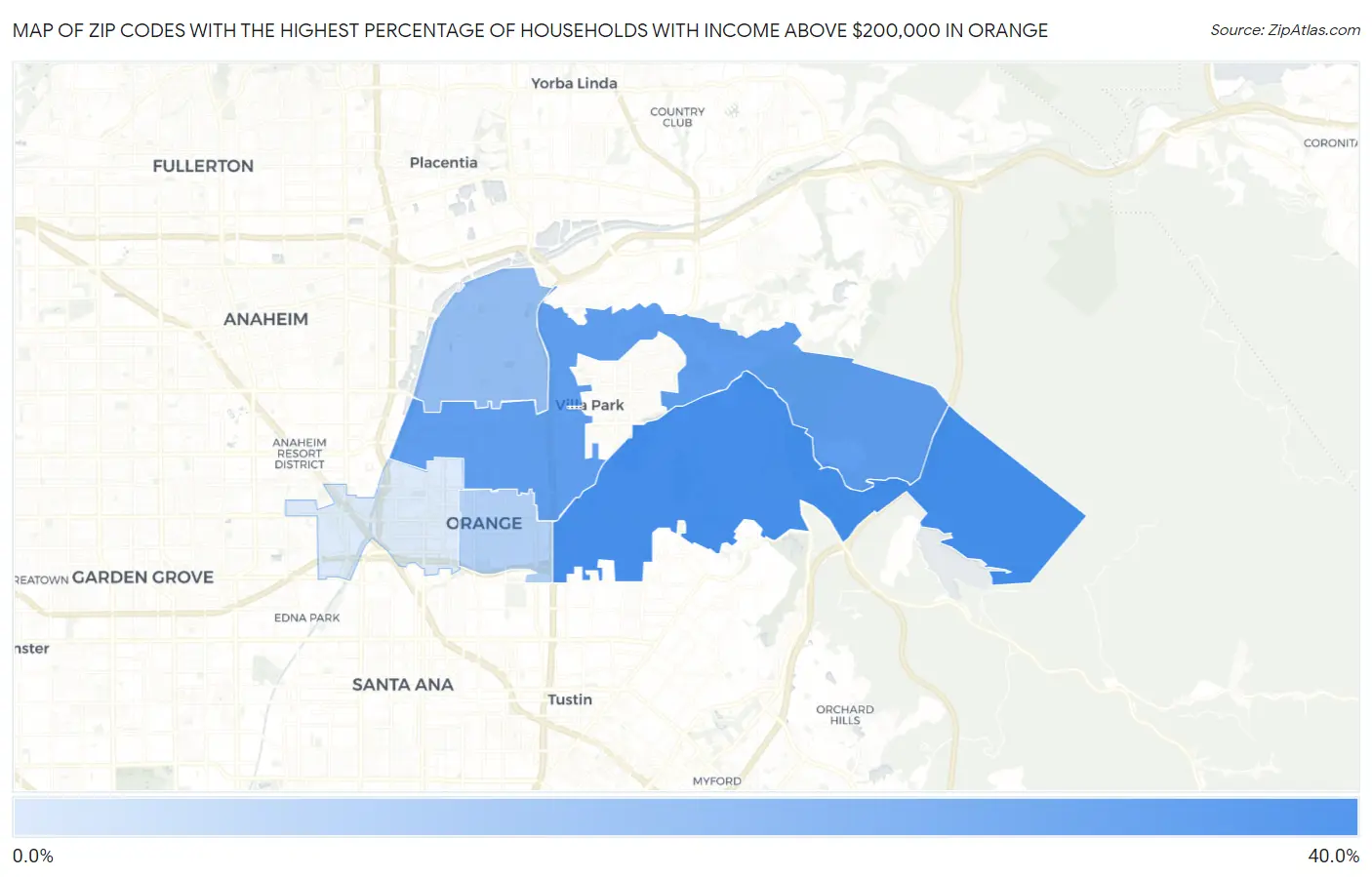 Zip Codes with the Highest Percentage of Households with Income Above $200,000 in Orange Map
