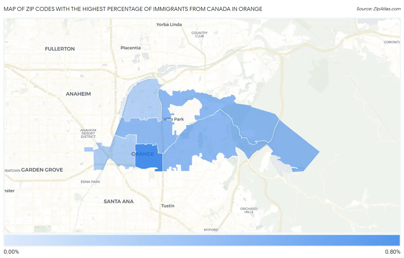 Zip Codes with the Highest Percentage of Immigrants from Canada in Orange Map
