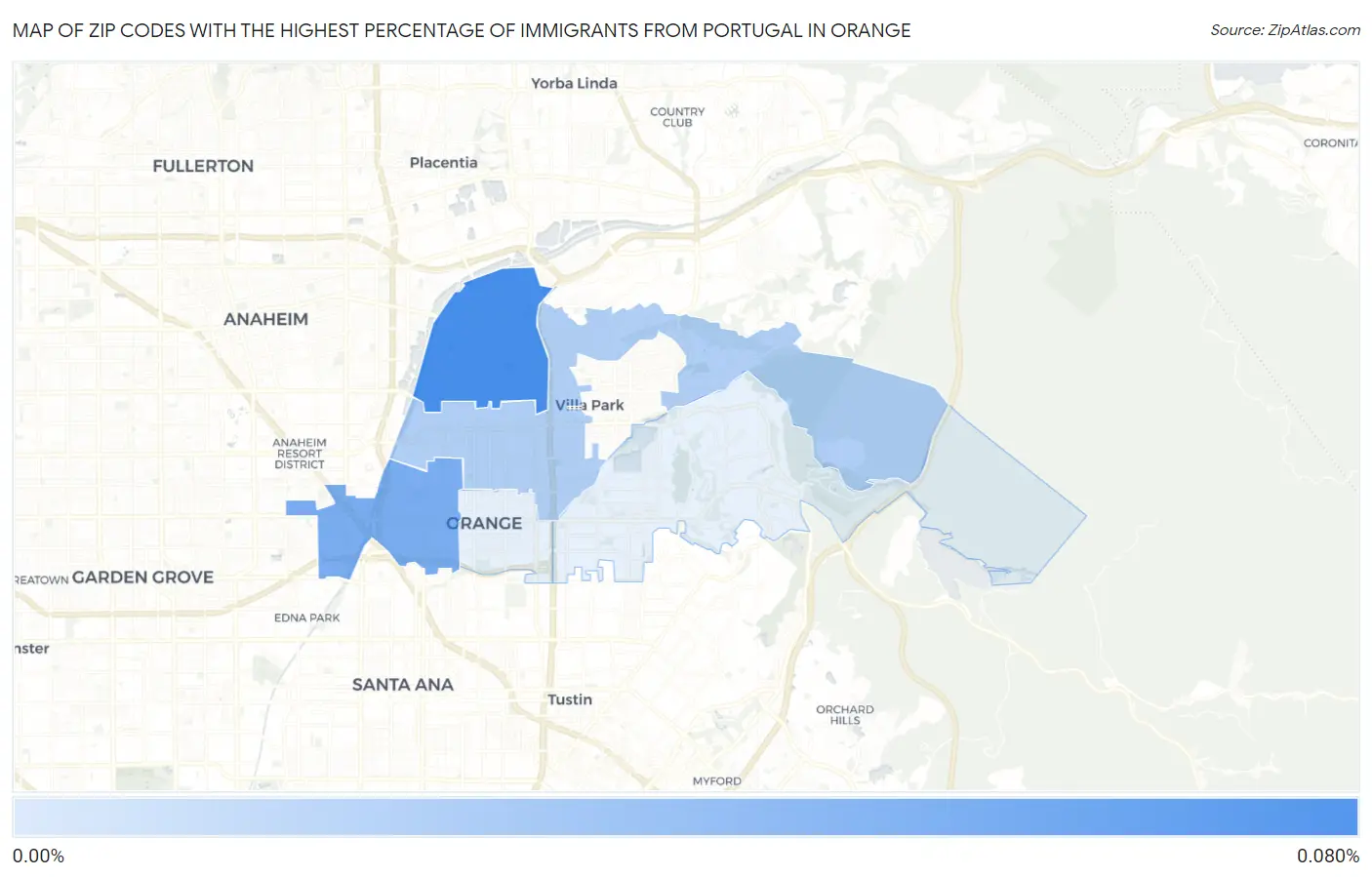 Zip Codes with the Highest Percentage of Immigrants from Portugal in Orange Map