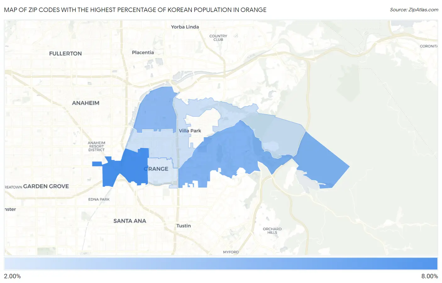 Zip Codes with the Highest Percentage of Korean Population in Orange Map