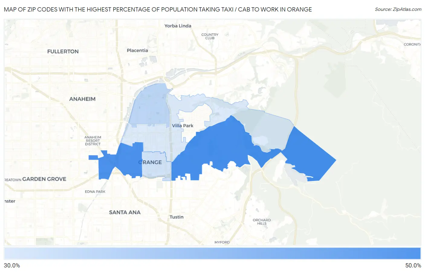 Zip Codes with the Highest Percentage of Population Taking Taxi / Cab to Work in Orange Map