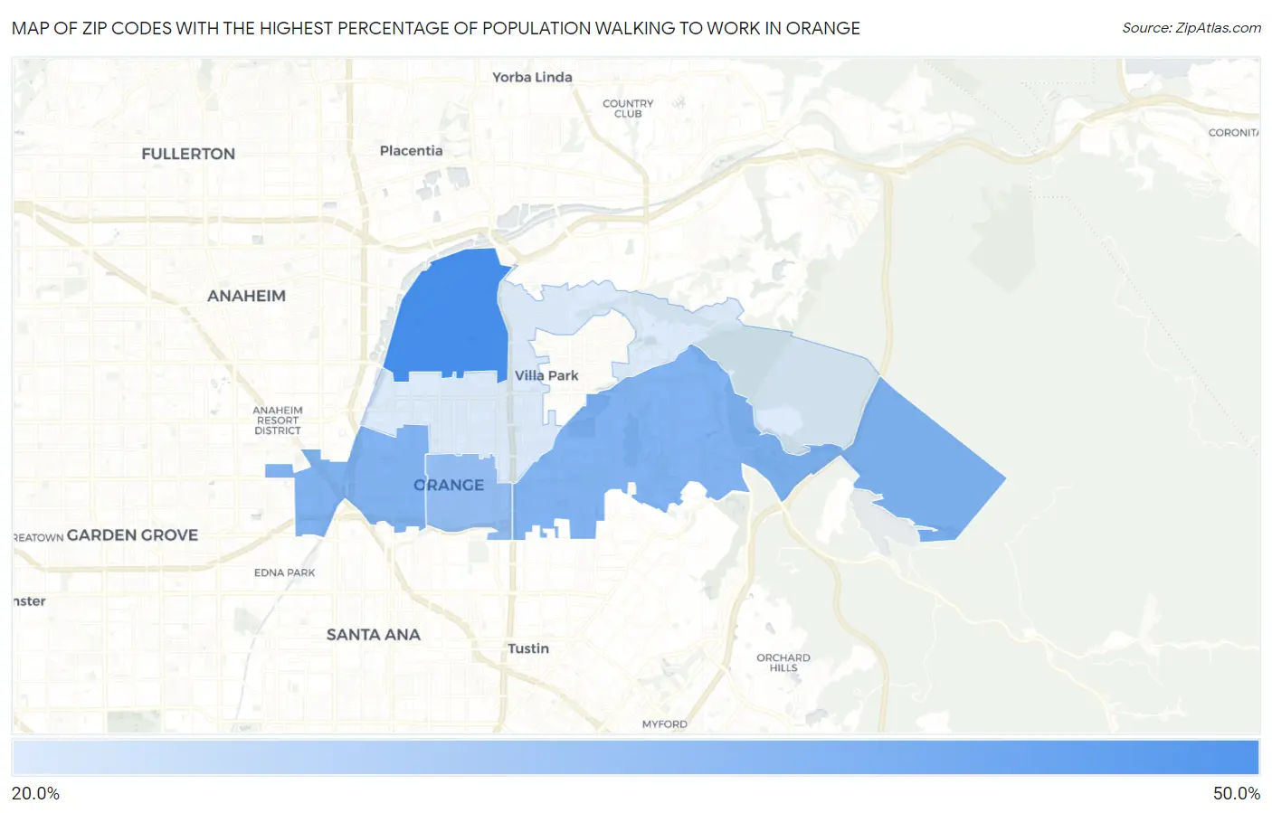 Zip Codes with the Highest Percentage of Population Walking to Work in Orange Map