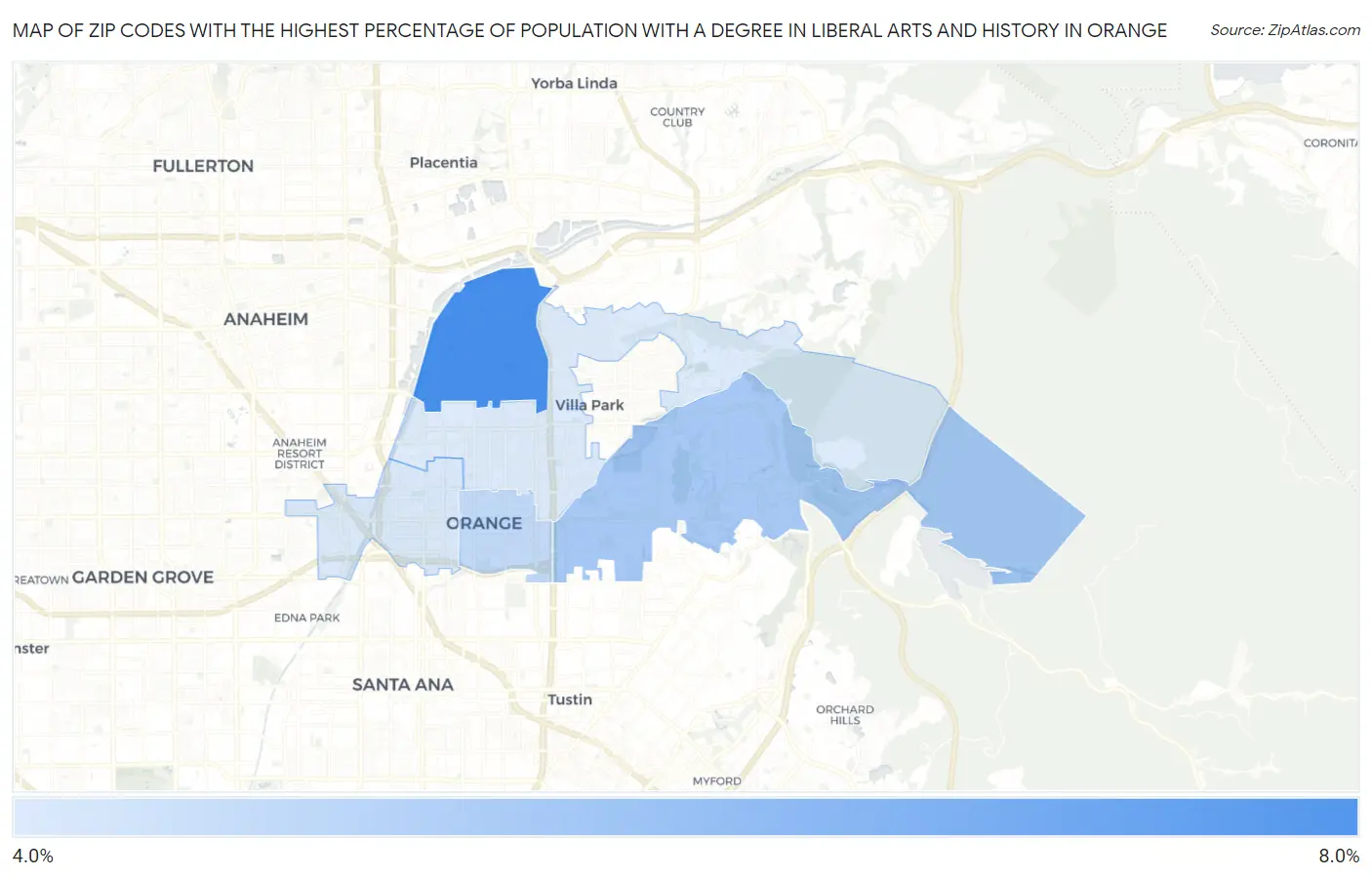 Zip Codes with the Highest Percentage of Population with a Degree in Liberal Arts and History in Orange Map