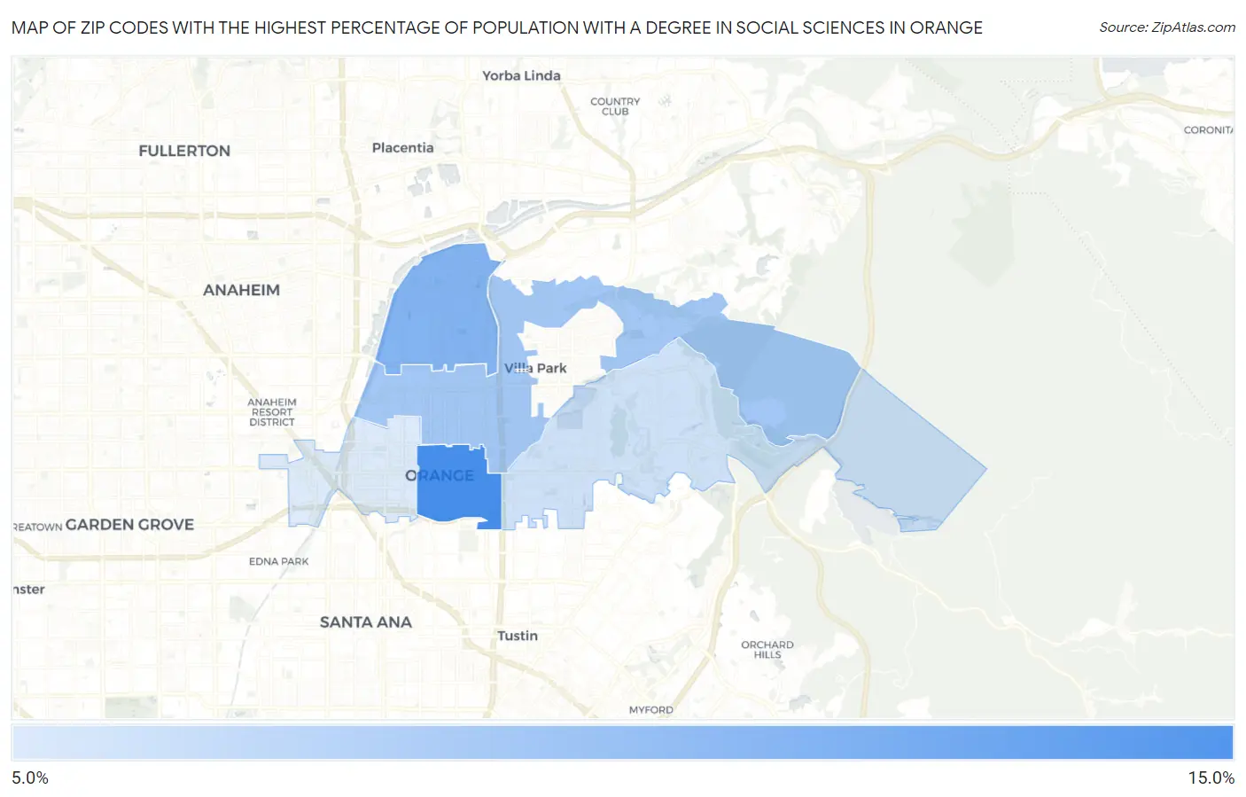 Zip Codes with the Highest Percentage of Population with a Degree in Social Sciences in Orange Map