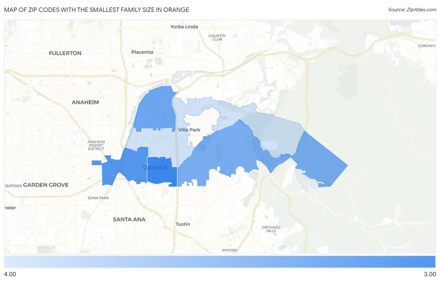 Zip Codes with the Smallest Family Size in Orange Map