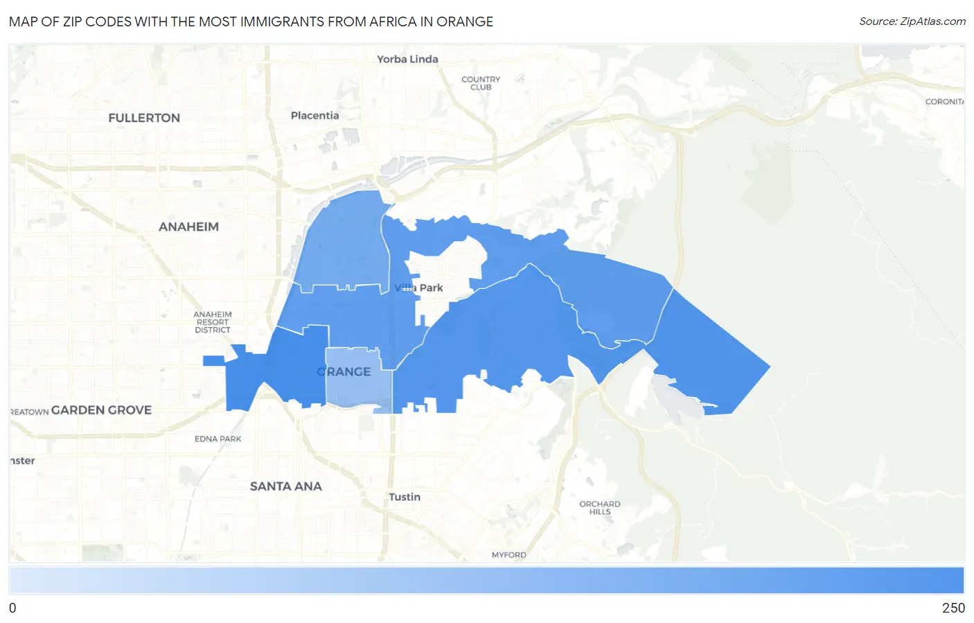 Zip Codes with the Most Immigrants from Africa in Orange Map