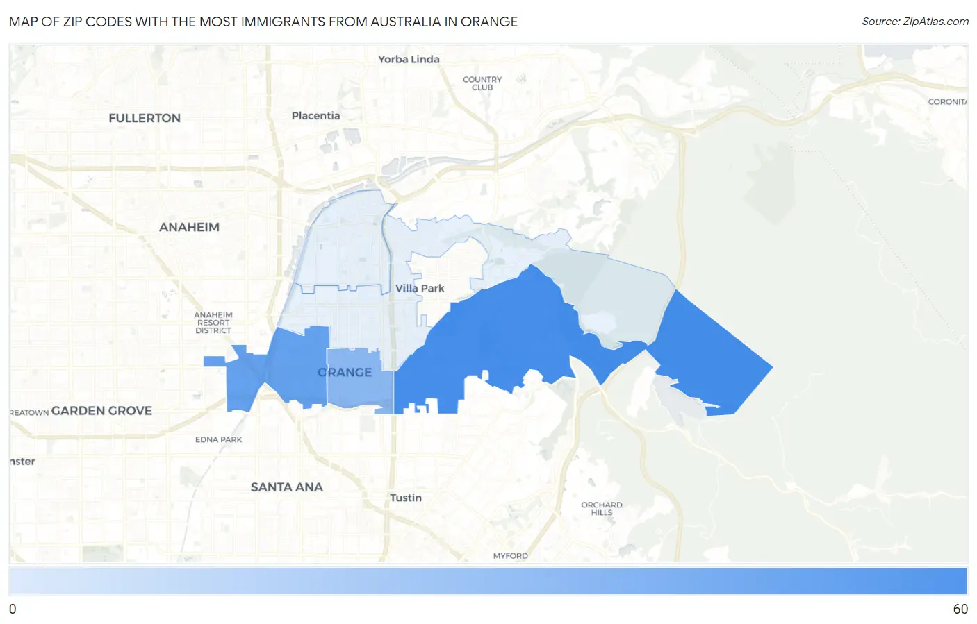 Zip Codes with the Most Immigrants from Australia in Orange Map