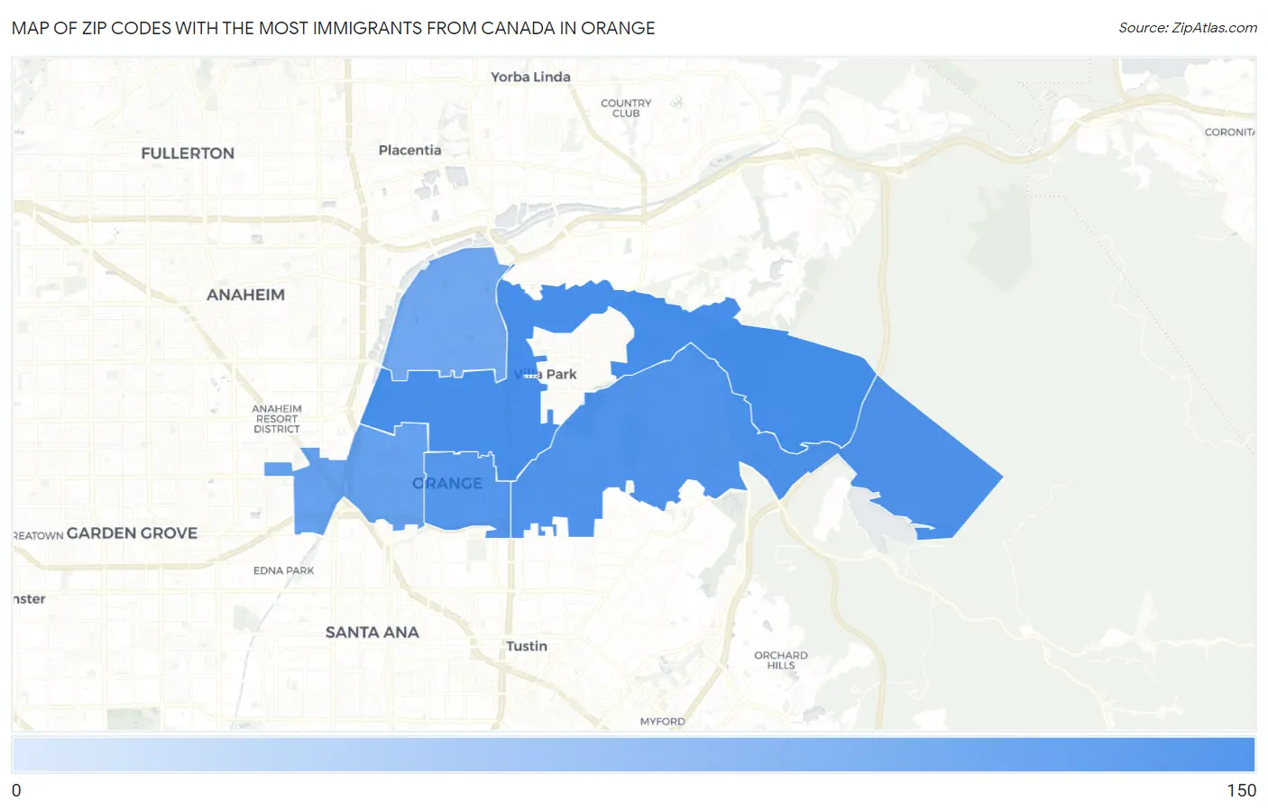 Zip Codes with the Most Immigrants from Canada in Orange Map