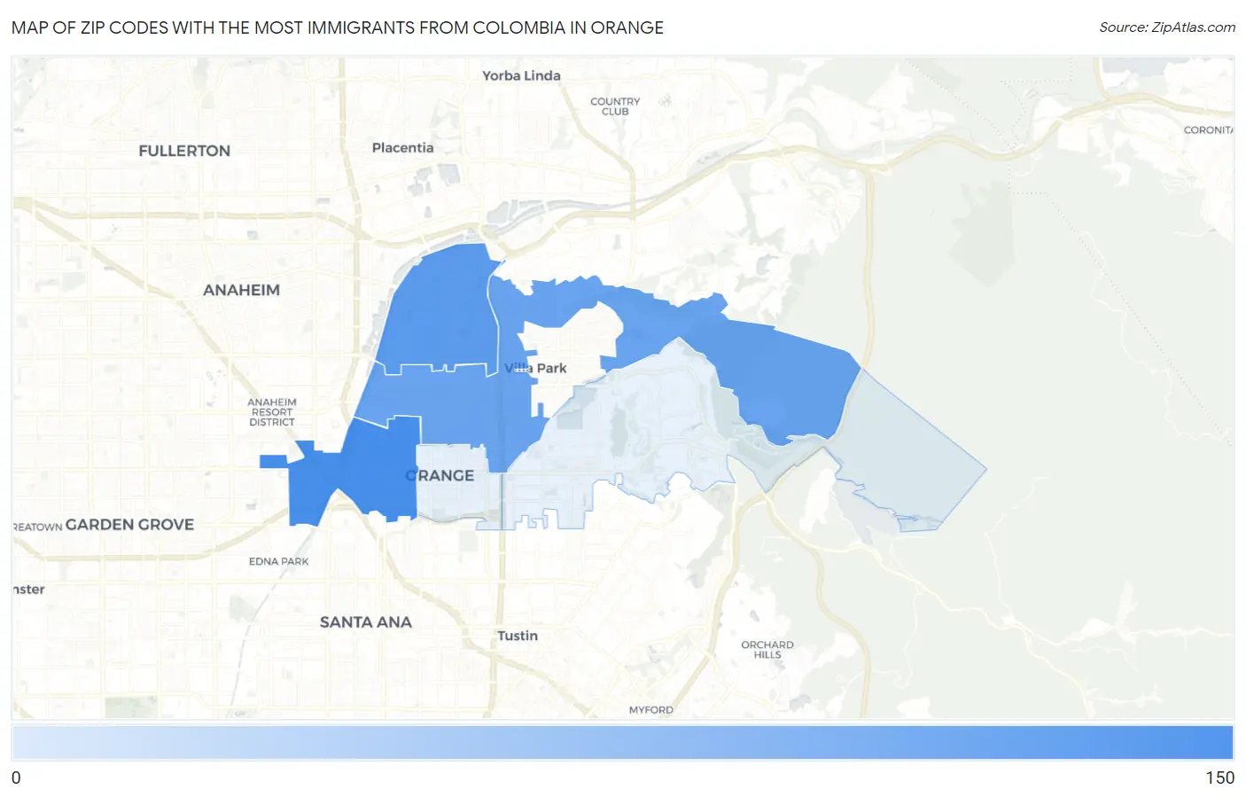 Zip Codes with the Most Immigrants from Colombia in Orange Map