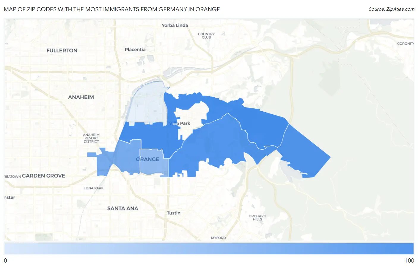 Zip Codes with the Most Immigrants from Germany in Orange Map