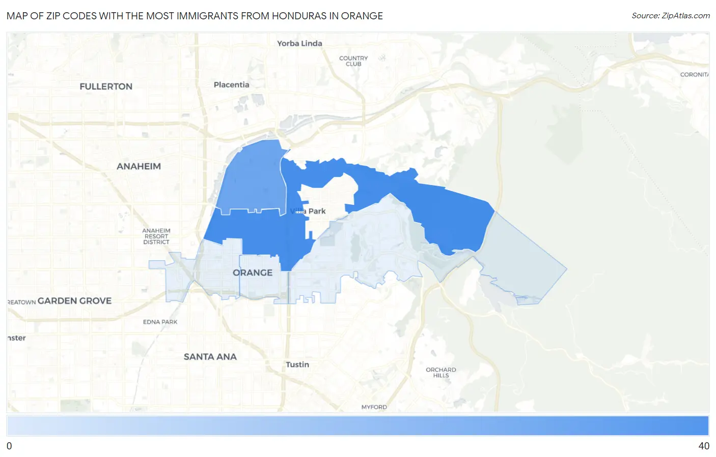 Zip Codes with the Most Immigrants from Honduras in Orange Map