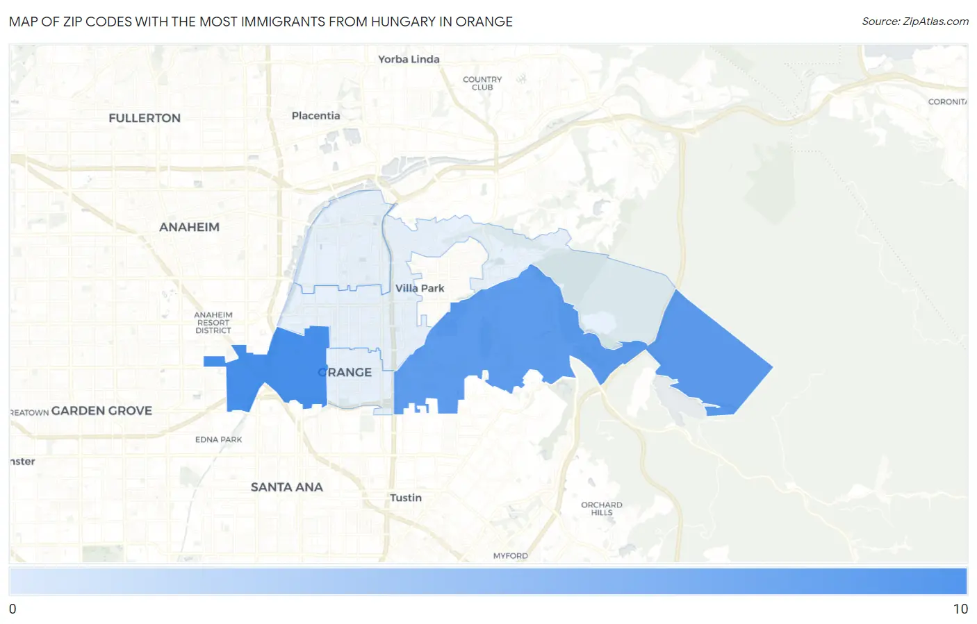 Zip Codes with the Most Immigrants from Hungary in Orange Map