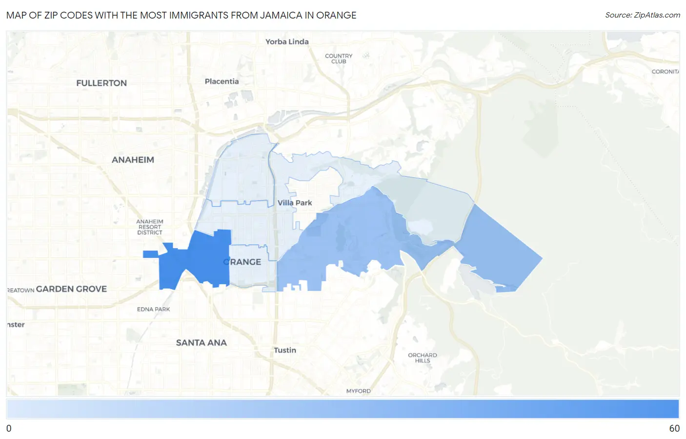 Zip Codes with the Most Immigrants from Jamaica in Orange Map