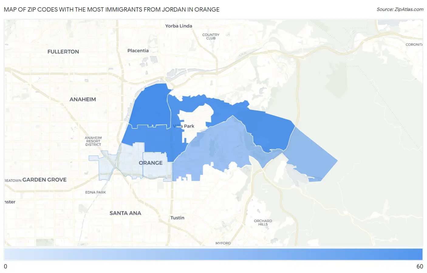 Zip Codes with the Most Immigrants from Jordan in Orange Map