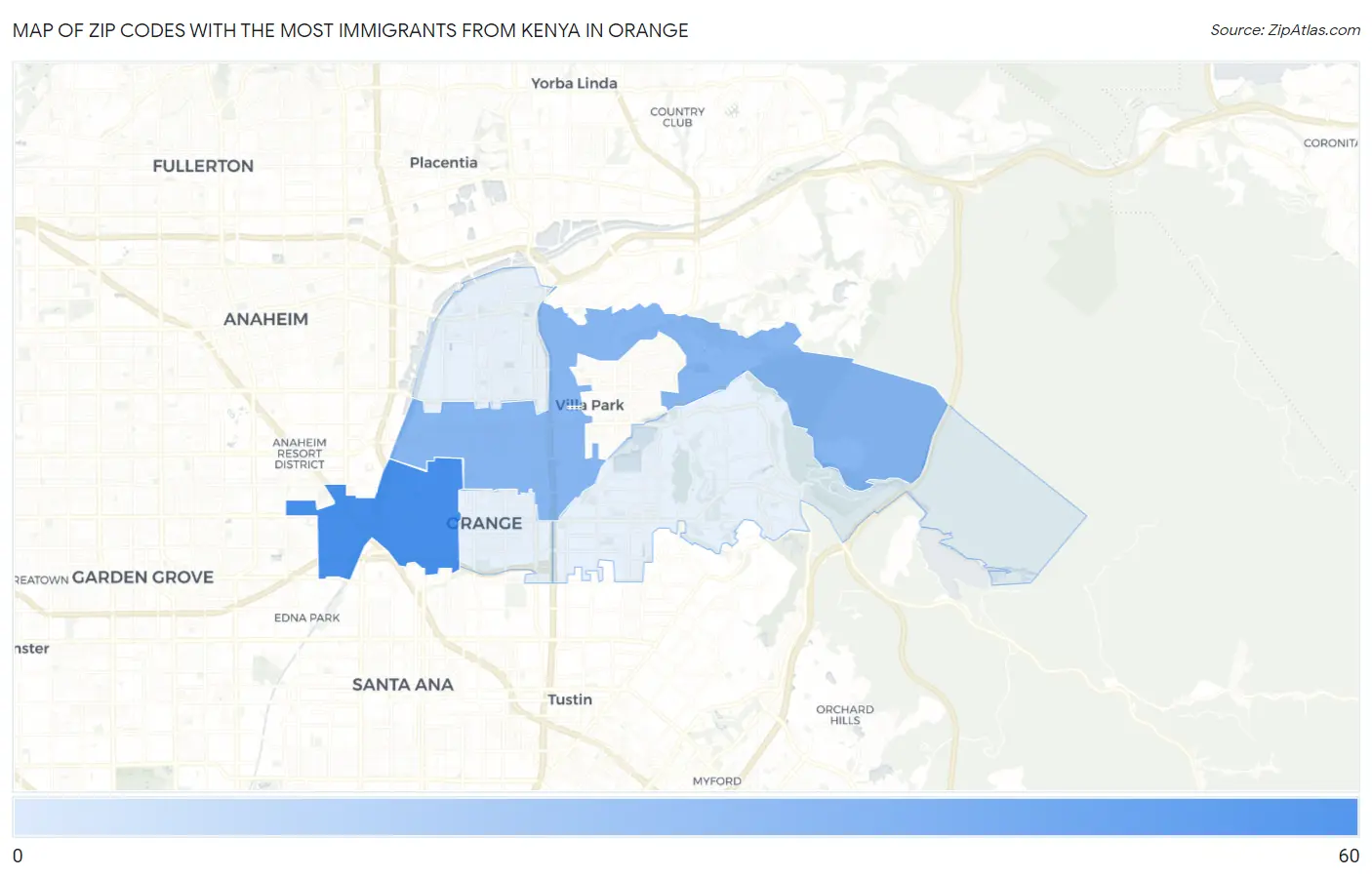 Zip Codes with the Most Immigrants from Kenya in Orange Map