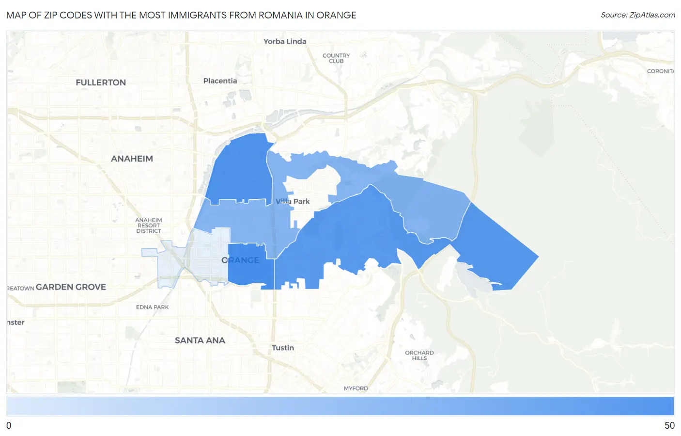 Zip Codes with the Most Immigrants from Romania in Orange Map