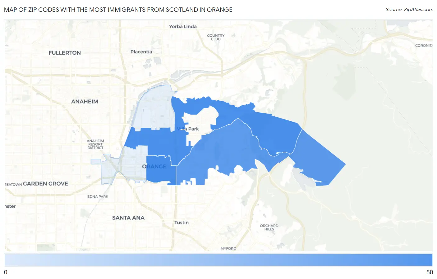 Zip Codes with the Most Immigrants from Scotland in Orange Map